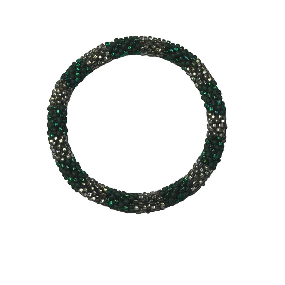 Sashka Bracelet Handmade‎ Bohemian Chic Crochet Beaded Roll-On Green Silver 3"